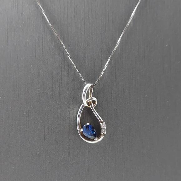 Blue Sapphire & Diamond Teardrop Knot Pendant Necklace Sterling 18" Chain 925 - Picture 1 of 10